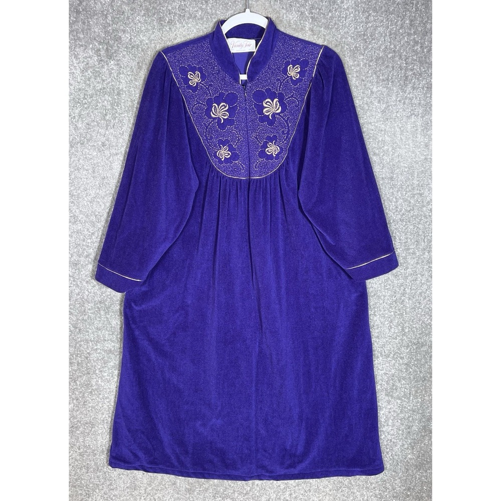 VTG Vanity Fair 1/2 Zip Robe Nightgown Womens Sz M Purple Gold Floral Pockets